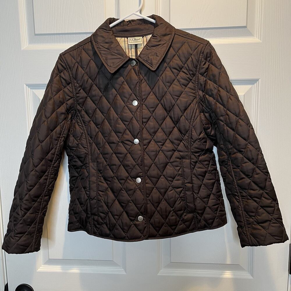 LL Bean Womens Quilted Riding Jacket Plaid Lined Snap Size Small Petite Brown